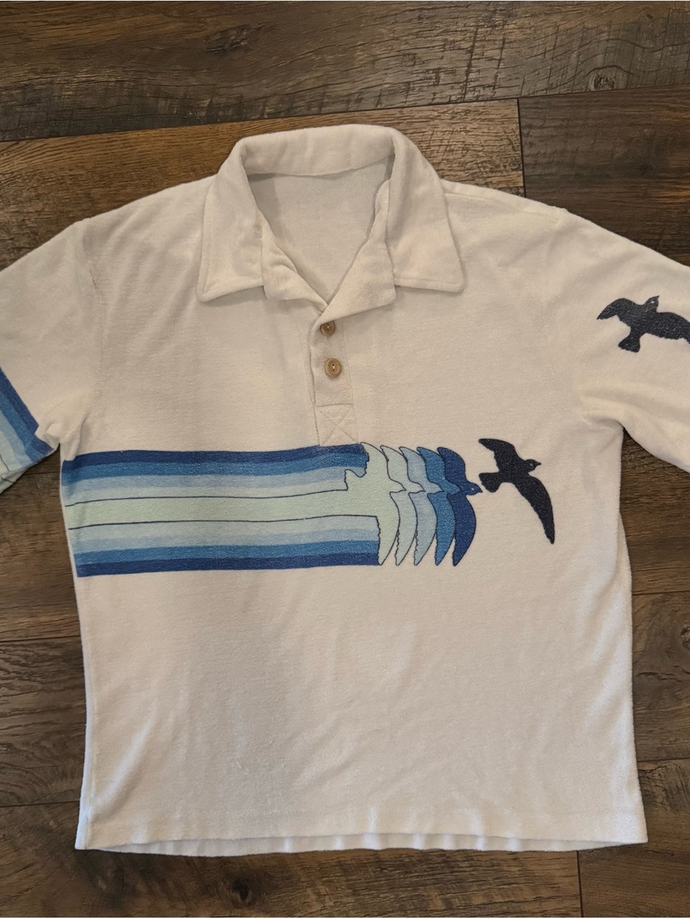 Vintage 70’s Golden Breed Mens Terry Cloth Shirt Blue Surf Stripe and Bird Motif